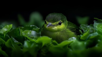 Wall Mural -  A tight shot of a tiny green bird among verdant leaves, besprinkled with water droplets on its visage