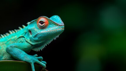 Wall Mural -  A tight shot of a vibrant green-and-red lizard perched on a verdant plant Blurred background trees