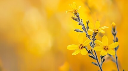 Wall Mural -  A tight shot of a plant displaying yellow blooms against a hazy backdrop of overlapping yellow and green foliage