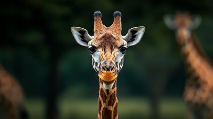 Sticker -  A tight shot of a giraffe's face against a softly blurred backdrop of trees