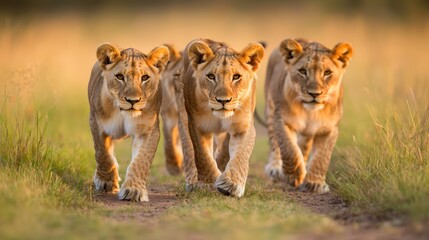 Wall Mural -  Three young lions stroll across a verdant field In contrast, a expanse of tall, dried grass lies before them