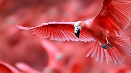 Wall Mural -  A pink bird flies through the air with spread wings and wide-open eyes