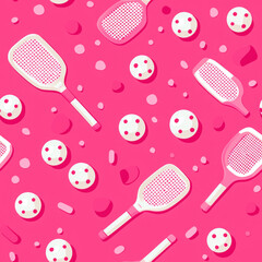 Pink seamless pattern with pickleball racquets and balls.