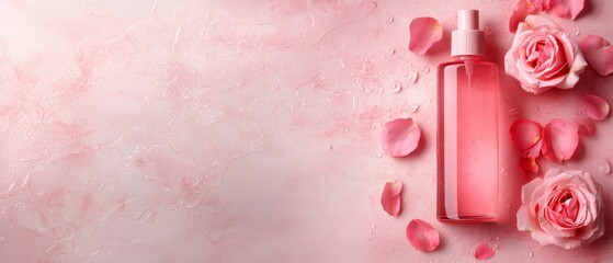 Wall Mural -  A bottle of body lotion on a pink background, next to pink roses with drops of water on their surfaces