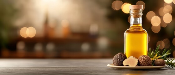  A bottle of pine oil sits atop a plate, surrounded by pine cones One pine cone rests beside the bottle