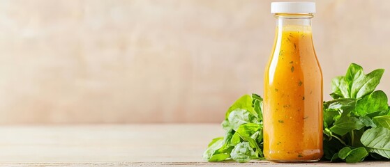 Wall Mural -  A bottle of orange juice atop a wooden table, adjacent to a cluster of green, leafy plants