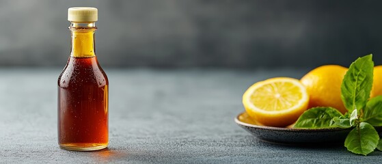 Wall Mural - one filled with lemons, the other with fresh basil leaves Gray surface background