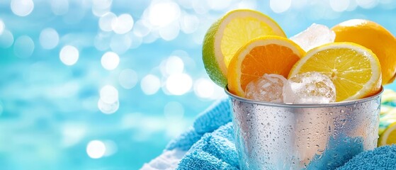  A metal cup, filled with lemons and limes, sits atop a blue towel beside a swimming pool