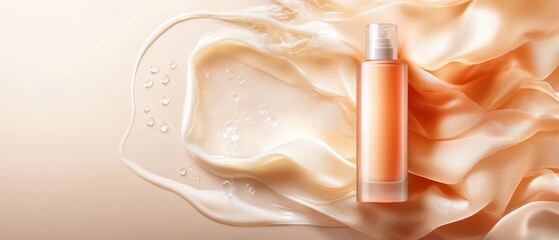 Wall Mural -  A bottle of lotion atop white-peach fabric, dotted with water beads