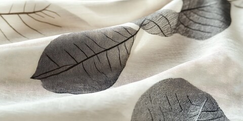 A close-up shot of white fabric with black leaf silhouettes printed on it. The fabric has a subtle texture.