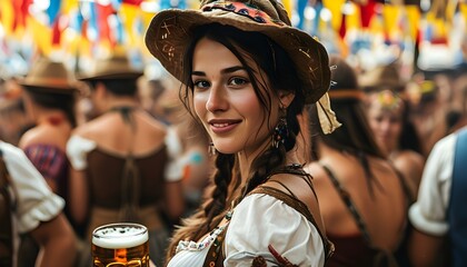 Canvas Print - Cheerful young woman in traditional attire serving beer at vibrant Oktoberfest celebration with festive banners and lively crowds