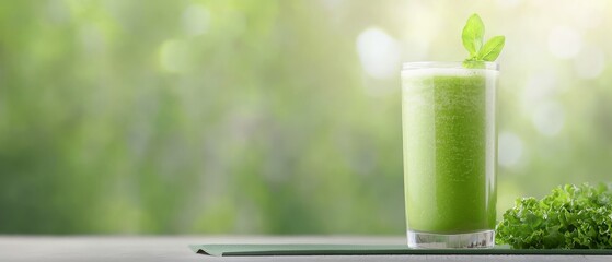 Wall Mural -  A glass holding green liquid is situated next to a lettuce leaf and a heap of leafy greens on the table