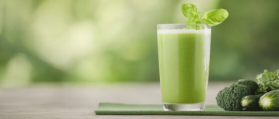 Wall Mural -  A tall glass with a green smoothie Nearby, broccoli and cucumbers on a verdant napkin