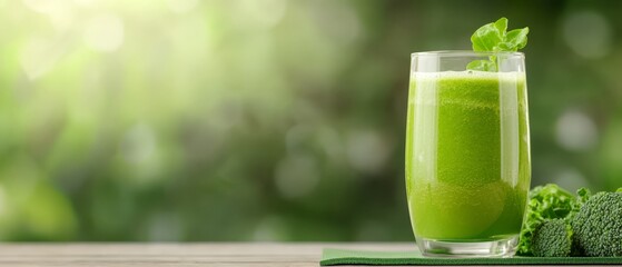 Wall Mural -  A napkin holds a glass of green smoothie, with a broccoli floret nearby