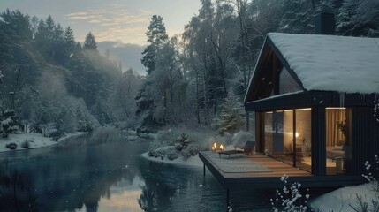 Canvas Print - Snowy cabin with large windows