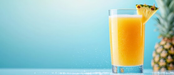 Poster -  A glass, half-full with orange juice, placed beside a pineapple against a blue backdrop, featuring a small splash of water on the glass's surface