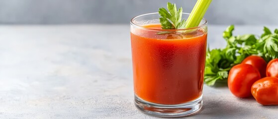 Poster -  A glass of tomato juice beside ripe tomatoes and a bouquet of green leaves on a pristine white surface