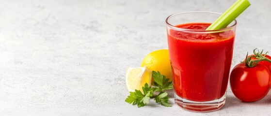 Wall Mural -  A glass of tomato juice with a tomato, lemon, and green leafy garnish on a white tabletop