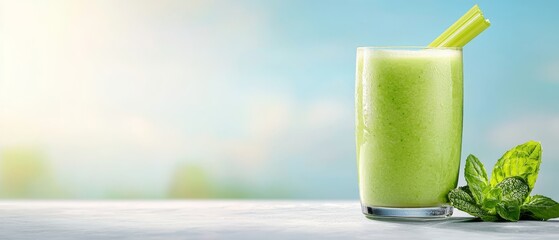 Wall Mural -  A glass holding a green smoothie sits beside a lush, green plant on a pristine white table