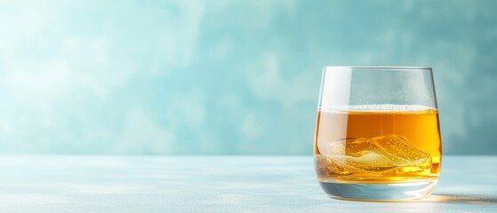 Wall Mural -  A glass of beer with ice and a lemon slide on the table, against a blue wall backdrop