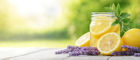 Wall Mural -  A jar, brimming with lemons, sits atop a weathered wooden table Lavender sprinkles the surface next to additional lemons