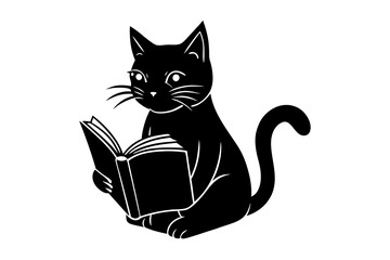 Wall Mural - black cat with a book vector icon silhouette illustration with white background 