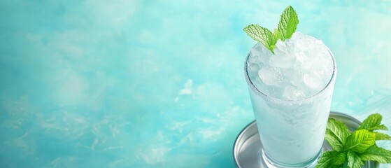 Wall Mural -  A glass holding ice and a mint leaf sits atop a metal tray, accompanied by an extra mint spring