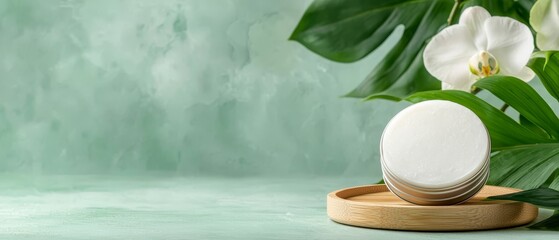 Wall Mural -  White flowers in a cluster sit atop a wooden tray Nearby, green leaves and a verdant wall complete the scene