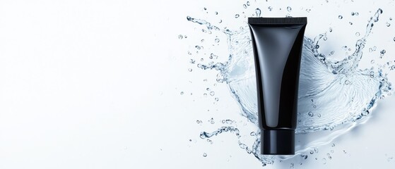 Wall Mural -  A tube of black toothpaste atop a white surface, surrounded by water as it splashes around