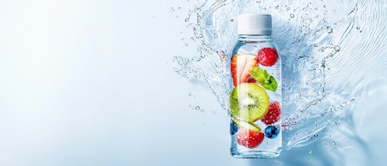 Wall Mural -  A bottle holding water and fruits, with a water splash beside it