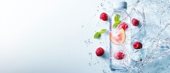 Wall Mural -  A pristine white backdrop features a bottle of water, adorned with floating raspberries and tucked-in sprigs of mint Amidst serene stillness, a