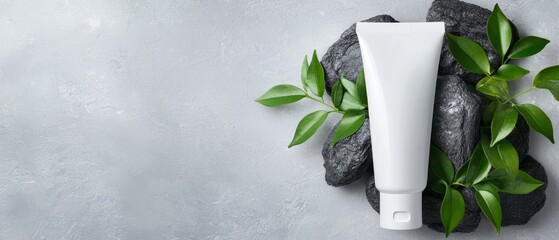 Wall Mural -  A tube of toothpaste on a rock, beside a leafy plant against a gray backdrop