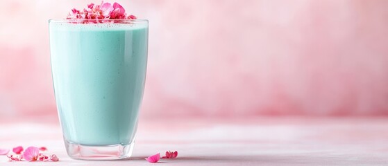 Wall Mural -  A tall glass holds an equal volume of blue liquid and pink flowers; the blue part is beneath, while the pink blooms float on top