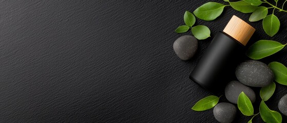 Wall Mural -  A black bottle atop a black surface, nearby rocks, and a green plant with leafy foliage