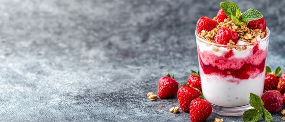 Wall Mural -  A glass brimming with yogurt, topped with granola and strawberries against a gray backdrop, garnished with mint leaves