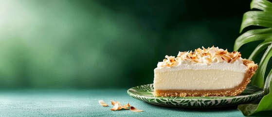 Wall Mural -  A cheesecake on a green plate, adjacent to a potted plant, rests on a green tablecloth