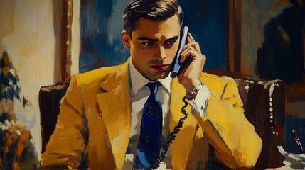 Businessman in Yellow Jacket Speaking on Phone in Office