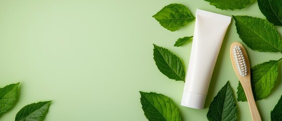  A toothbrush and tube of toothpaste on a green table, surrounded by leaves