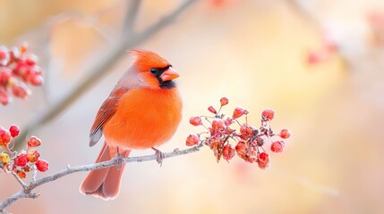 Wall Mural -  A red bird perched on a tree branch adjacent to red-berried branches