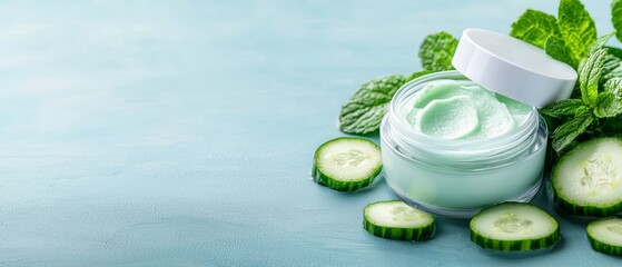 Wall Mural -  A jar of cucumber cream, encircled by cucumber slices and mint leaves, rests against a tranquil light blue backdrop