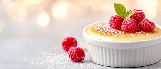 Poster -  A tight shot of a dessert in a bowl, adorned with raspberries at the edge and a verdant leaf resting atop