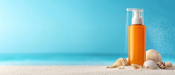 Wall Mural -  A bottle of lotion sits atop a sandy beach, surrounded by seashells and a starfish