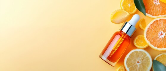 Wall Mural -  A bottle of orange essential oil, encircled by sliced oranges and verdant leaves, against a sunlit yellow backdrop Ample room for text inclusion