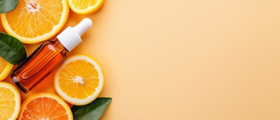 Poster -  A yellow background showcases an essential oil bottle labeled Orange Surrounding it are vibrant orange slices and green leaves