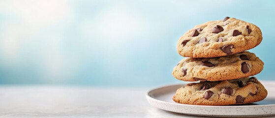 Wall Mural -  Three chocolate chip cookies arranged in a stack on a pristine white plate atop a white tablecloth against a backdrop of tranquil blue