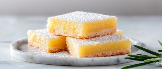  Three lemon bars elegantly arranged on a plate, accompanied by a sprig of fresh rosemary