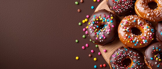 Wall Mural -  A wood board holds a stack of chocolate donuts, generously sprinkled, against a warm brown background