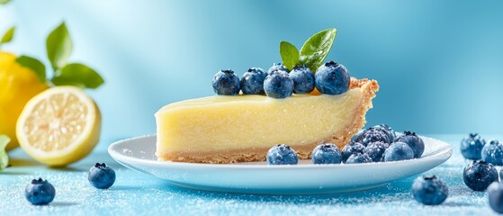 Poster -  A sliced cheesecake on a blue plate, garnished with blueberries and lemons, atop a blue tablecloth