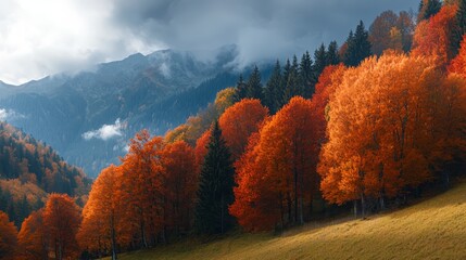 Wall Mural -  A scene of trees with orange leaves in the foreground, a mountain in the background, and clouds scattering the sky above