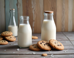 An-open-bottle-of-milk-on-a-wooden-table-with-cookies